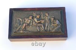 Antique rosewood cigar box Marcel Quercia bronze relief Art Deco rare