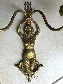 Applique 2 Lights Bronze Dlg Guillemard Mermaid Art Deco Neptune