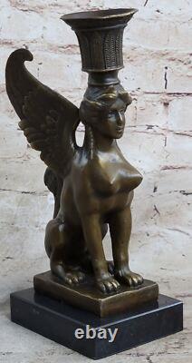 Art Deco Anniversary Nude Sphinx Woman Egyptian Lion Candle Holder Bronze Statue