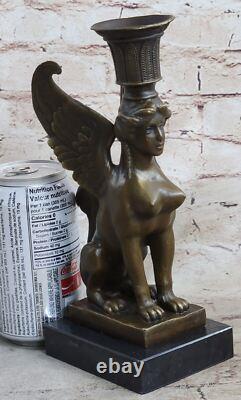 Art Deco Anniversary Nude Sphinx Woman Egyptian Lion Candle Holder Bronze Statue