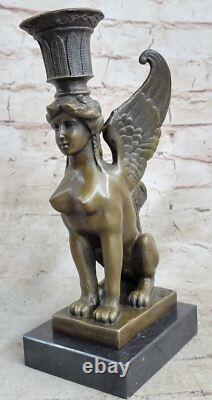 Art Deco Anniversary Nude Sphinx Woman Egyptian Lion Candle Holder Bronze Statue