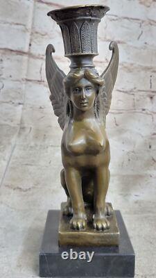 Art Deco Anniversary Nude Sphinx Woman Egyptian Lion Candle Holder Bronze Statue