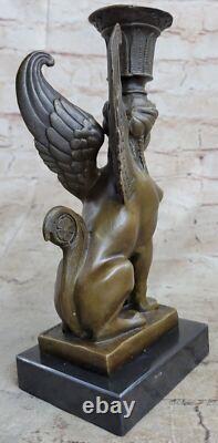 Art Deco Anniversary Nude Sphinx Woman Egyptian Lion Candle Holder Bronze Statue