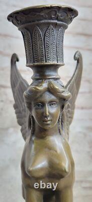 Art Deco Anniversary Nude Sphinx Woman Egyptian Lion Candle Holder Bronze Statue
