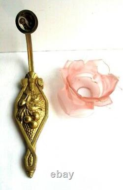 Art Deco Applique Gilded Bronze Carved From Cherries, Tulip Rose In Pink Glass