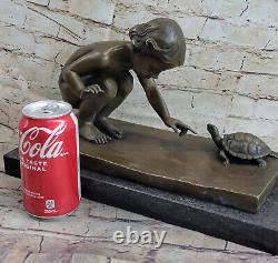 Art Deco Baby Chair Play Girl With Bronze Turtle Sculpture Figure