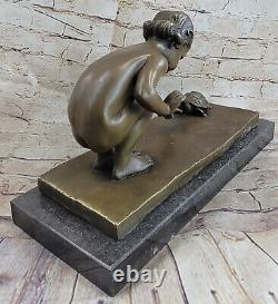 Art Deco Baby Chair Play Girl With Bronze Turtle Sculpture Figure