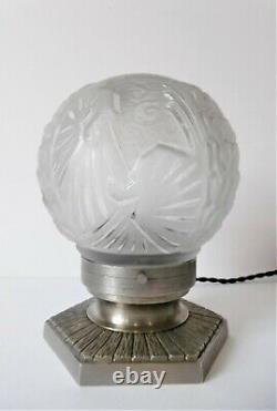 Art Deco Ball Lamp, Petitot & Muller Freres, Silver Bronze, Globe Paons, 1930