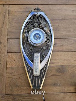Art Deco Barometer & Thermometer with Parrots in Silvered Bronze
