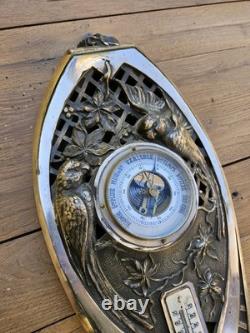 Art Deco Barometer & Thermometer with Parrots in Silvered Bronze