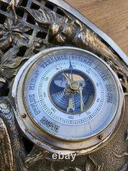 Art Deco Barometer & Thermometer with Parrots in Silvered Bronze