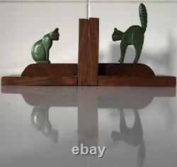 Art Deco Bookends Cats? Bronze on Old Wooden Base