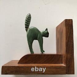 Art Deco Bookends Cats? Bronze on Old Wooden Base