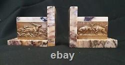 Art Deco Bronze Bookends Medals Signed Thenot Rene 1893 1963 France