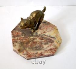 Art Deco Bronze Cat Sculpture Ashtray on Marble, 1920s Art Deco Bronze Cat Sculpture Ashtray on Marble, 1920s