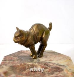 Art Deco Bronze Cat Sculpture Ashtray on Marble, 1920s