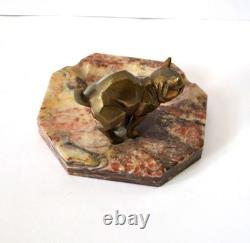 Art Deco Bronze Cat Sculpture Ashtray on Marble, 1920s