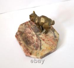 Art Deco Bronze Cat Sculpture Ashtray on Marble, 1920s