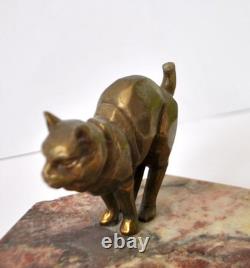 Art Deco Bronze Cat Sculpture Ashtray on Marble, 1920s