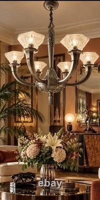 Art Deco Bronze Chandelier by Hettier Vincent with Tulip-Shaped Shade Signed Lorrain Nancy – French Lamp