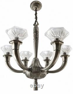 Art Deco Bronze Chandelier by Hettier Vincent with Tulip-Shaped Shade Signed Lorrain Nancy – French Lamp