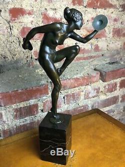 Art Deco Bronze Dancer Cymbals Signed Lucien Alliot Marble Pedestal