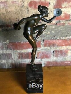 Art Deco Bronze Dancer Cymbals Signed Lucien Alliot Marble Pedestal