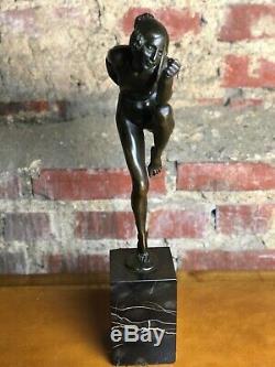 Art Deco Bronze Dancer Cymbals Signed Lucien Alliot Marble Pedestal