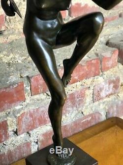 Art Deco Bronze Dancer Cymbals Signed Lucien Alliot Marble Pedestal