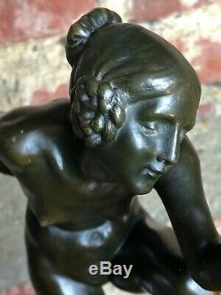 Art Deco Bronze Dancer Cymbals Signed Lucien Alliot Marble Pedestal