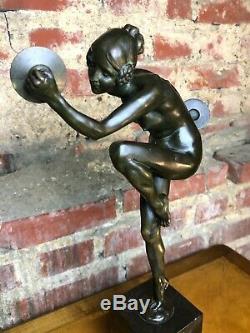 Art Deco Bronze Dancer Cymbals Signed Lucien Alliot Marble Pedestal