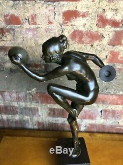 Art Deco Bronze Dancer Cymbals Signed Lucien Alliot Marble Pedestal