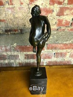 Art Deco Bronze Dancer Cymbals Signed Lucien Alliot Marble Pedestal