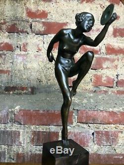 Art Deco Bronze Dancer Cymbals Signed Lucien Alliot Marble Pedestal