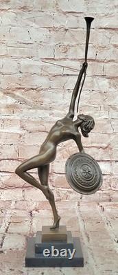 Art Deco Bronze Figural Sculpture by Raymonde Guerbe: Woman Holding a Shield
