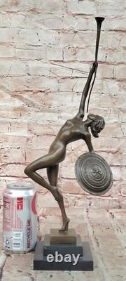 Art Deco Bronze Figural Sculpture by Raymonde Guerbe: Woman Holding a Shield