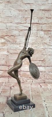 Art Deco Bronze Figural Sculpture by Raymonde Guerbe: Woman Holding a Shield