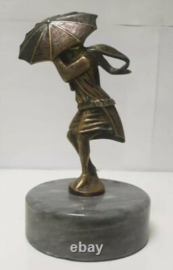 Art Deco Bronze Hood Ornament Car Woman Umbrella Mascot