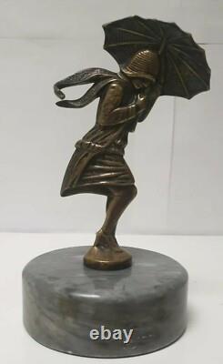 Art Deco Bronze Hood Ornament Car Woman Umbrella Mascot