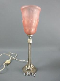 Art Deco Bronze Lamp Silver Old Tulip Molded Glass Pressed Pink H 36 CM