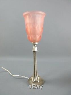 Art Deco Bronze Lamp Silver Old Tulip Molded Glass Pressed Pink H 36 CM