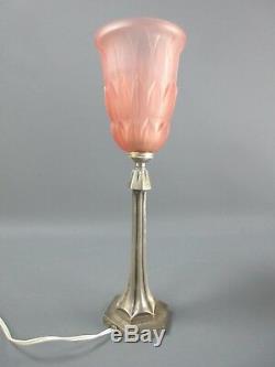 Art Deco Bronze Lamp Silver Old Tulip Molded Glass Pressed Pink H 36 CM