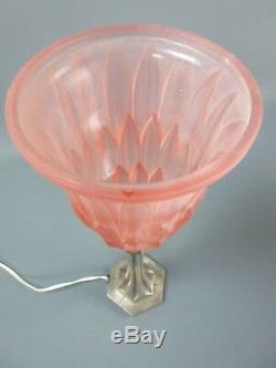 Art Deco Bronze Lamp Silver Old Tulip Molded Glass Pressed Pink H 36 CM