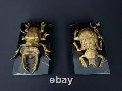 Art Deco Bronze Paperweights, Pair of Beetles on Marble Bases