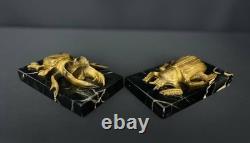 Art Deco Bronze Paperweights, Pair of Beetles on Marble Bases