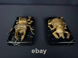 Art Deco Bronze Paperweights, Pair of Beetles on Marble Bases