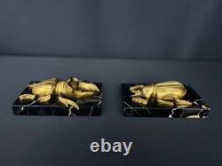 Art Deco Bronze Paperweights, Pair of Beetles on Marble Bases
