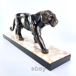 Art Deco Bronze Patinated Metal Panther Sculpture with Marble Approx. 1930s