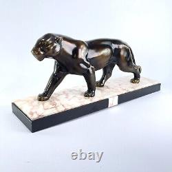 Art Deco Bronze Patinated Metal Panther Sculpture with Marble Approx. 1930s