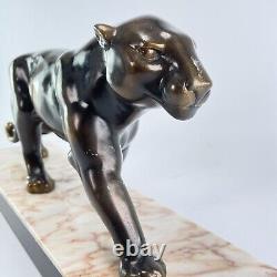 Art Deco Bronze Patinated Metal Panther Sculpture with Marble Approx. 1930s